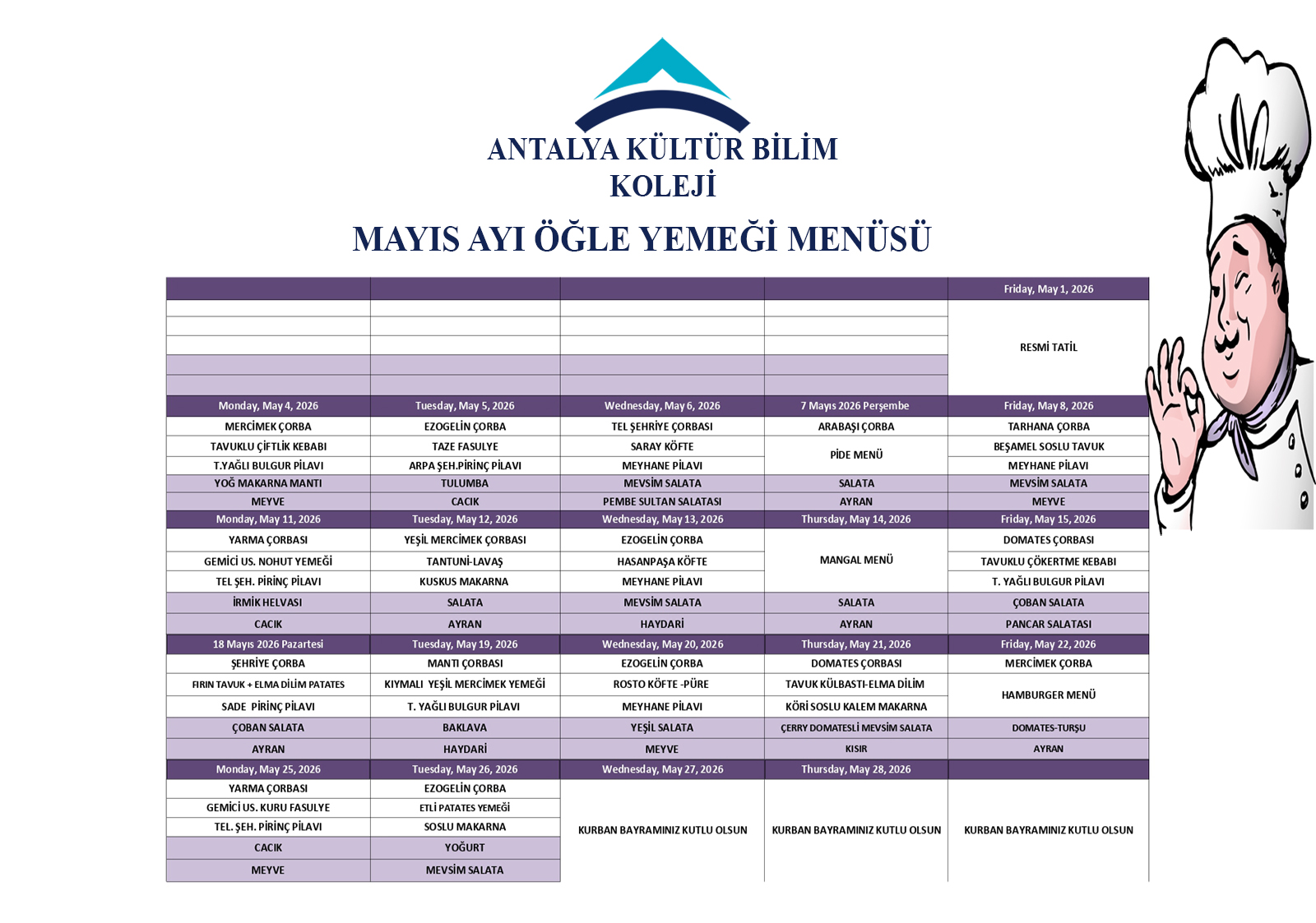 Mayıs Ayı Öğle Yemeği Menüsü